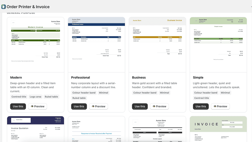 Gallery of ready-made invoice designs for different industries