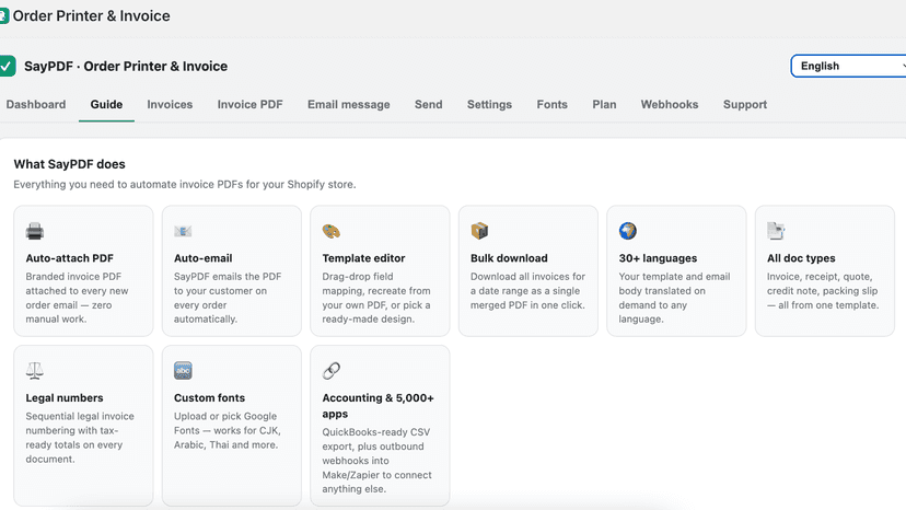 Guide page listing SayPDF's automated invoice PDF features