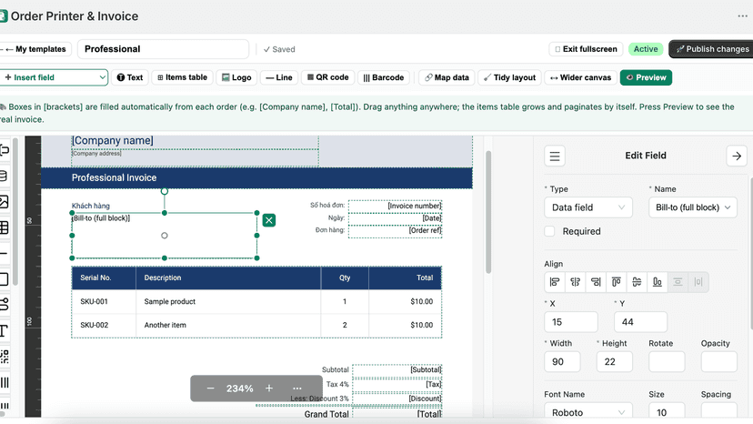 Drag-and-drop invoice template editor with live field mapping