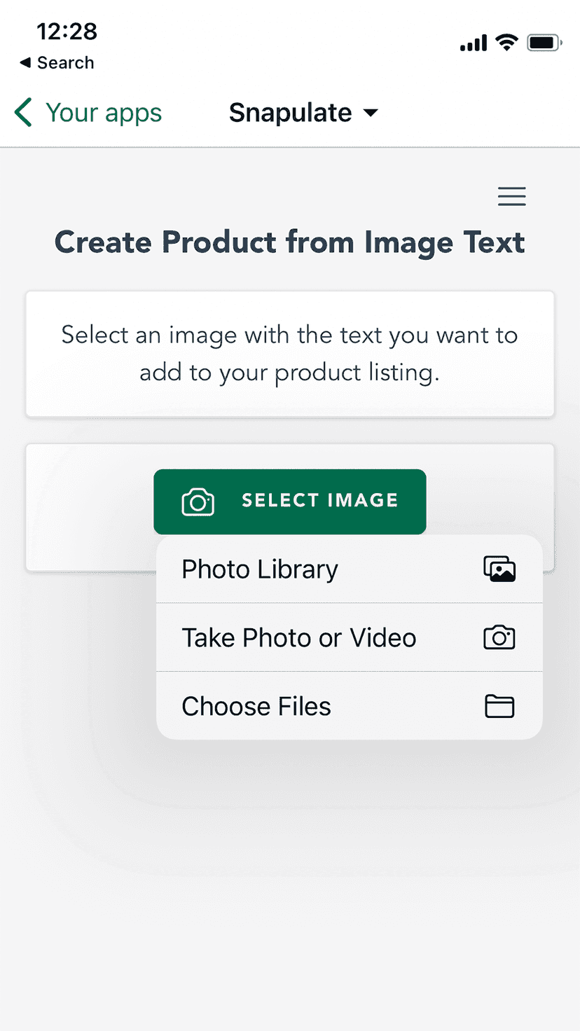 Snapulate's create product from image page (mobile)