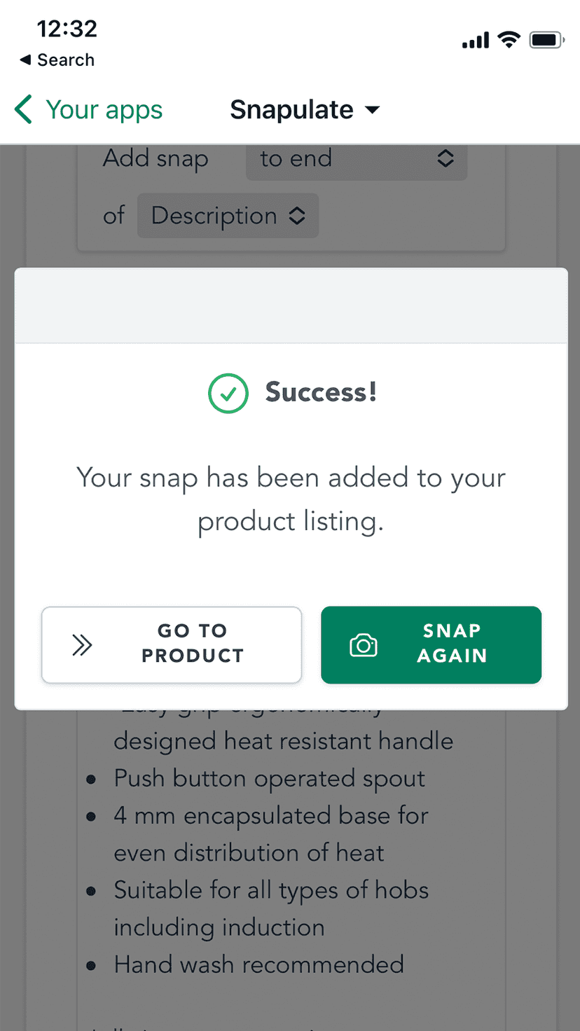 Snapulate's completion page (mobile)