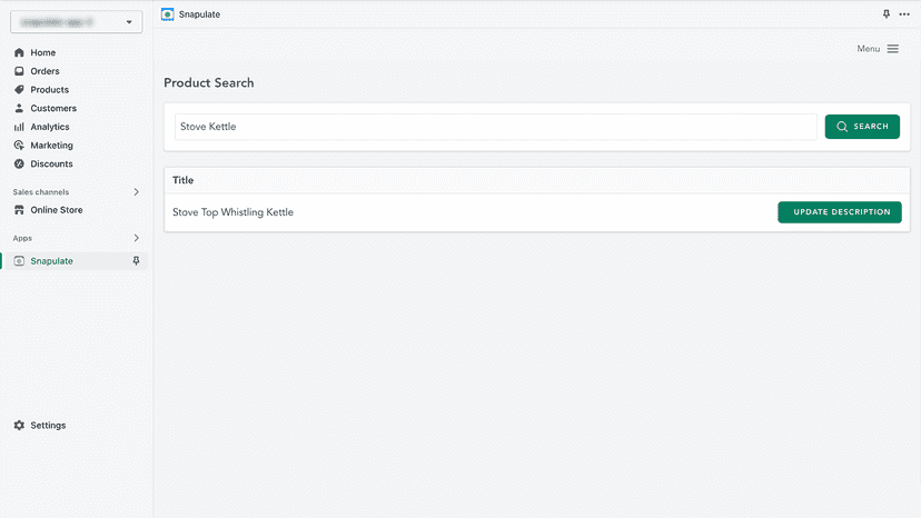 Snapulate's search page