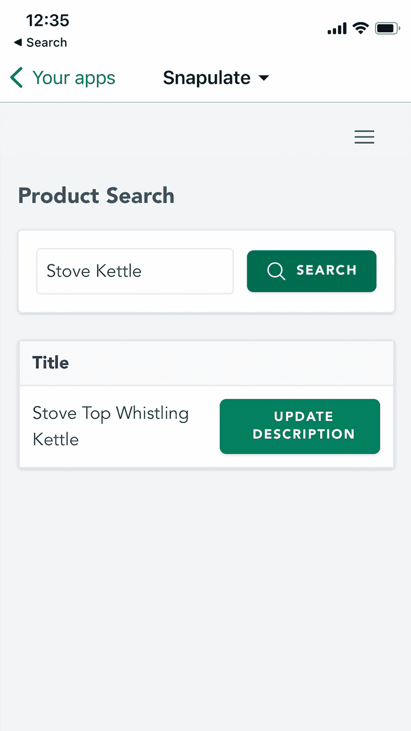 Snapulate's product search page (mobile)