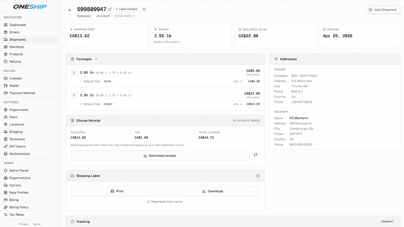 Generate and print shipping labels for carriers