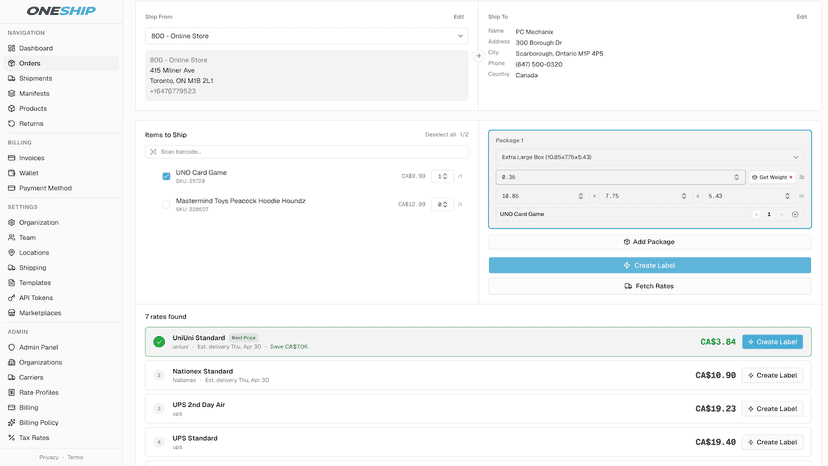 Compare live rates from different carriers in a single view