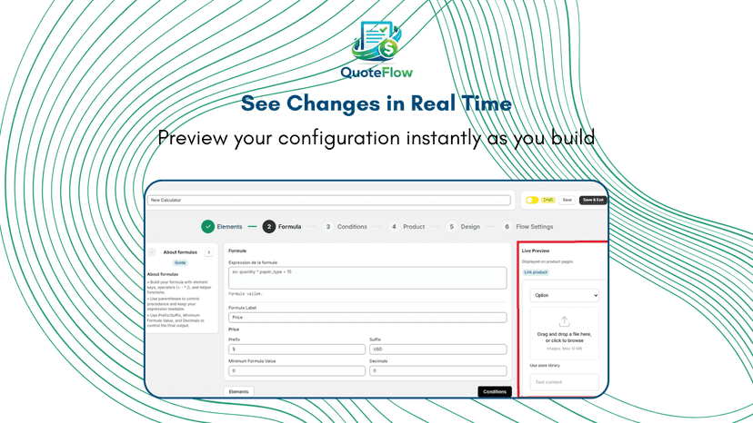 Live preview showing product configuration and quote updates
