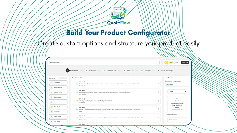Product configurator builder with custom options and elements