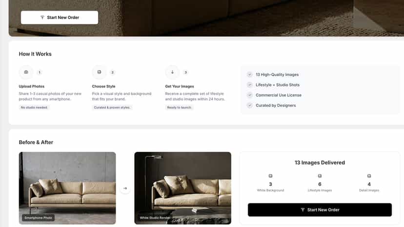 Furniture imagery service homepage and style selection