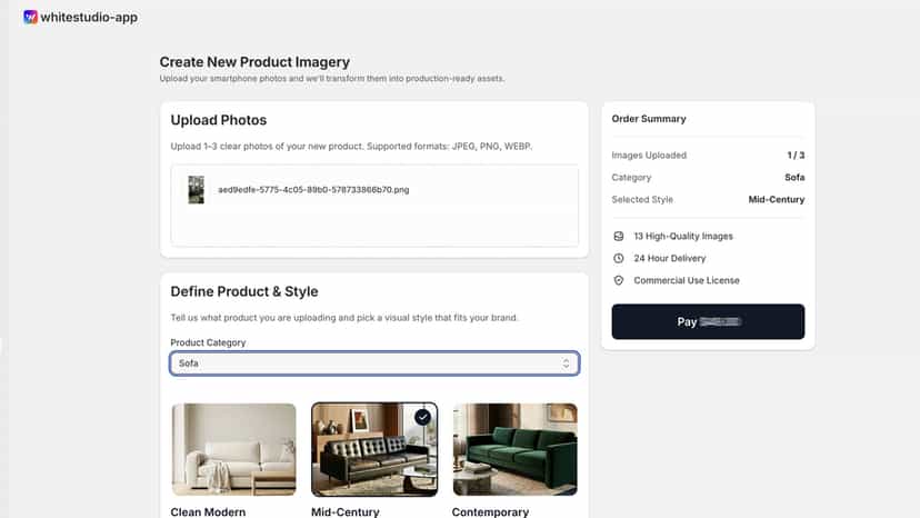 Order creation form for furniture image generation