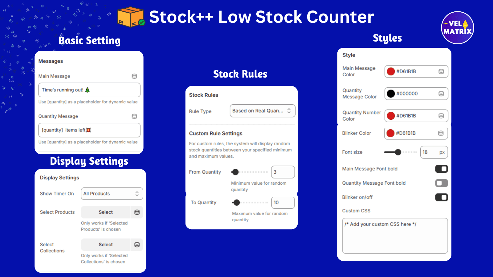 Animated Stock++ low stock alert on a Shopify store tablet view.