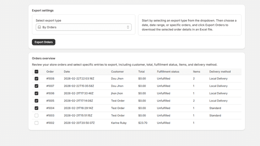 Export selected Shopify orders with customer and delivery detail