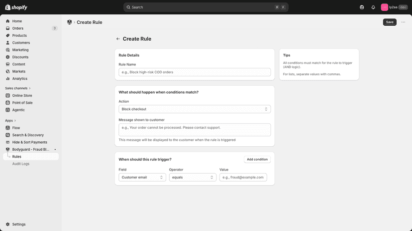 Create new fraud prevention rule with conditions
