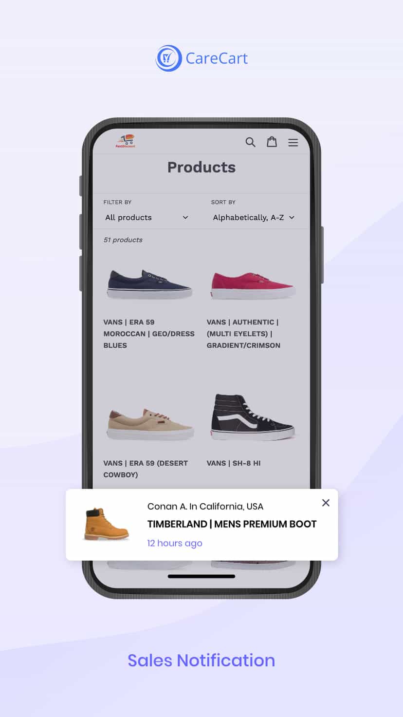 Sales Pop Notifications display the recent sales on your store