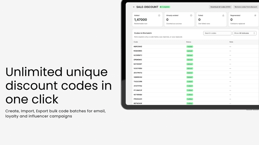 CodeOS generates unlimited unique discount codes in Shopify