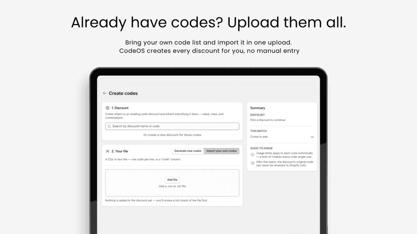 Bulk upload a CSV to create discount codes in CodeOS