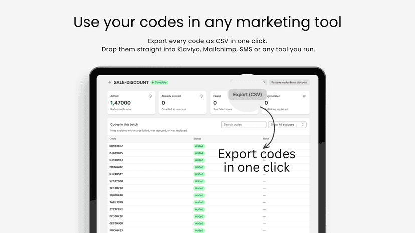 Export discount codes as CSV for any marketing tool in CodeOS