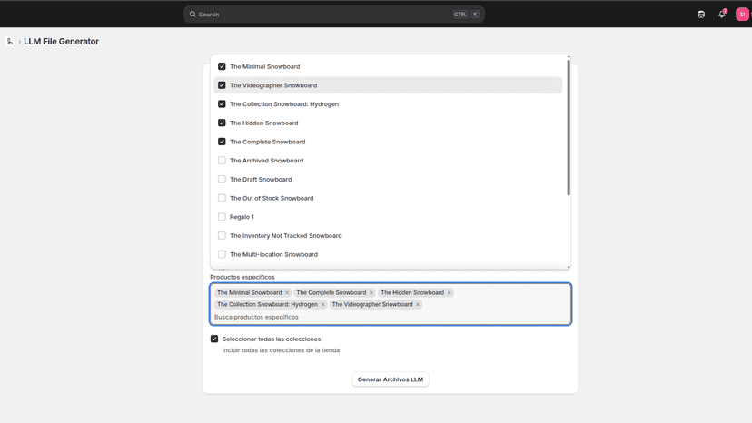 LLMs.txt Generator - Lista desplegable de productos LLM