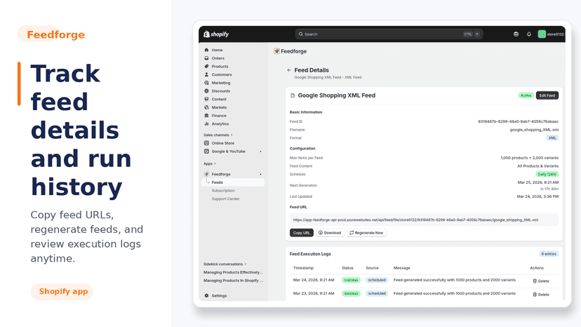 View feed URL, schedule, generation time, and execution logs