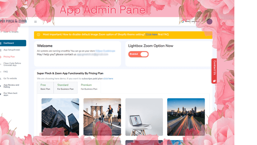 App Dashboard manage app functionality for pinch and zoom