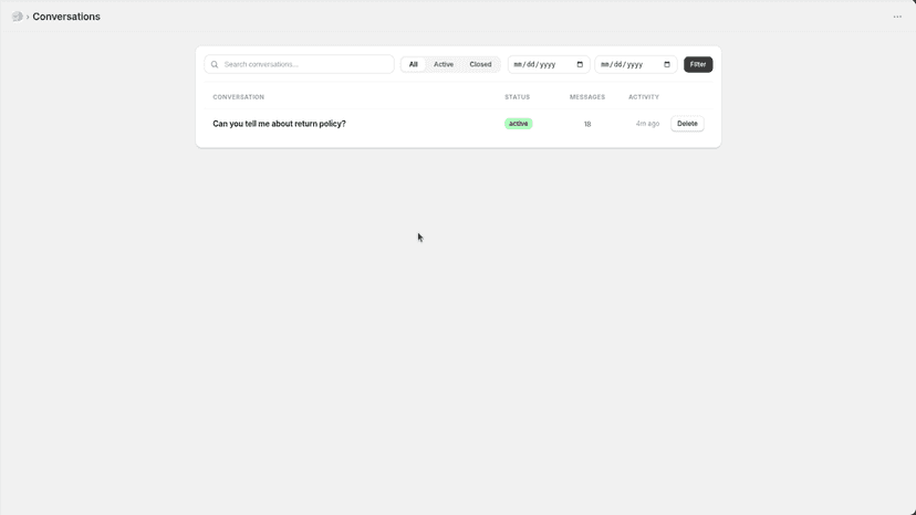 Conversation dashboard showing all customer chat history