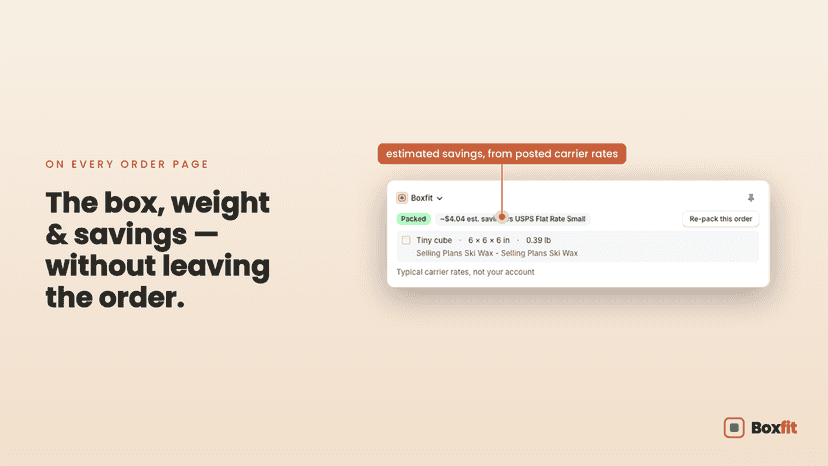 Box size, weight and savings on a Shopify order page
