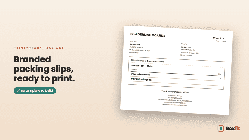 Print-ready branded packing slip for a Shopify order