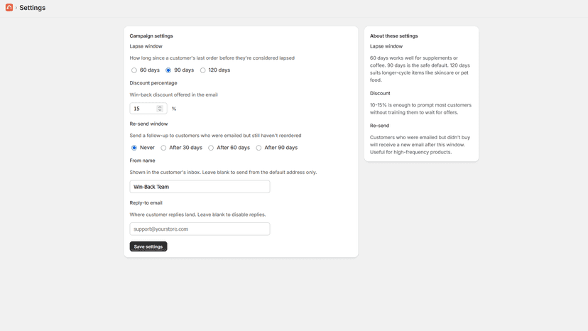 Campaign settings: lapse window, discount, sender fields