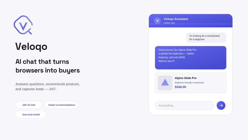 Veloqo AI assistant chat widget showing a product recommendation