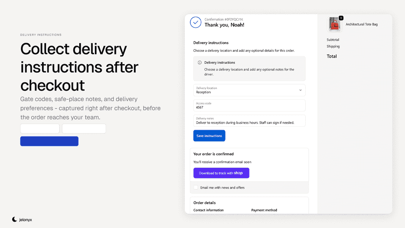 Delivery instructions form after checkout