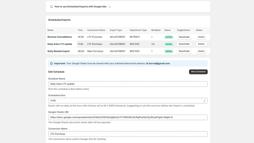 Schedule automated exports to google sheets