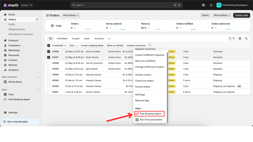Select Orders to export