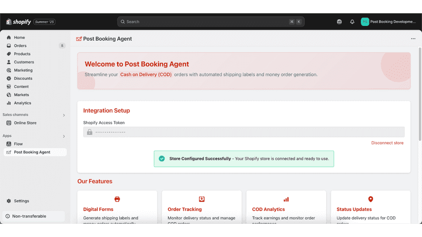 Link Shopify app to the Post booking Agent