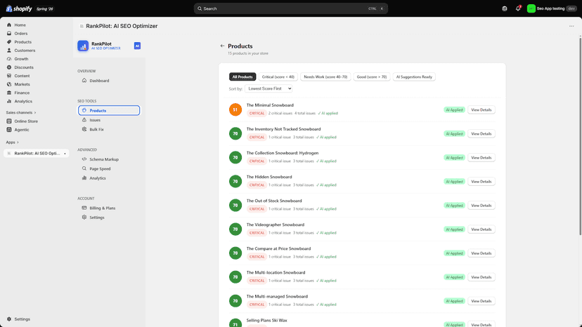 RankPilot Products page showing 15 products with AI meta tags ap