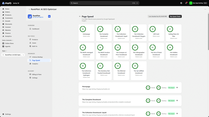 RankPilot Page Speed showing Core Web Vitals scores of 97-99 for