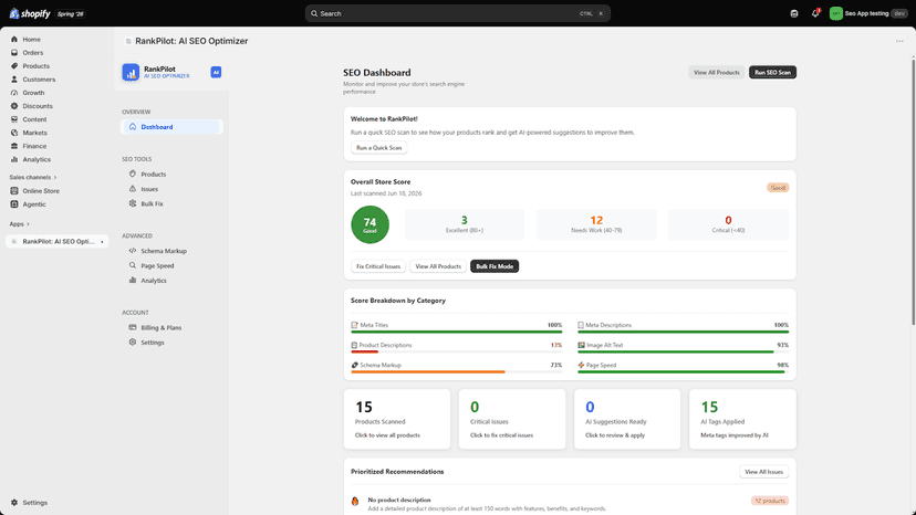 RankPilot SEO Dashboard showing overall store score of 74 with p