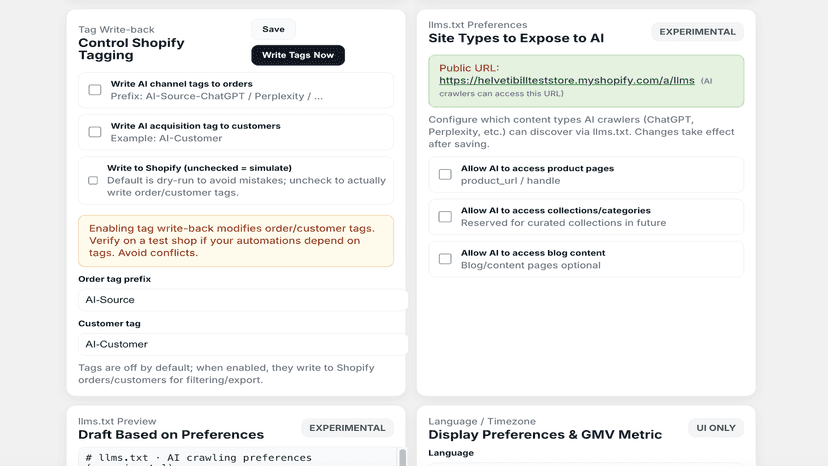 Settings for AI rules, tagging, and LLMs text file draft