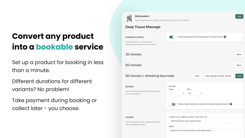 Convert any product to a bookable service in seconds.