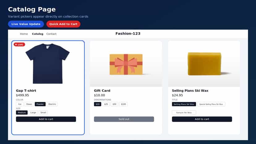 Variant pickers on catalog page with live value and add to cart