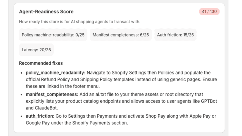 Agent-Readiness Score with recommended fixes