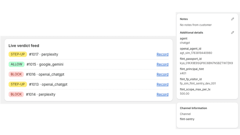 Live verdicts: ALLOW, STEP-UP, & BLOCK decisions on agent orders