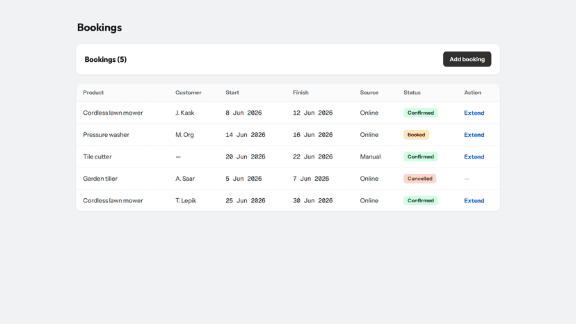 Admin bookings list with dates, source and status