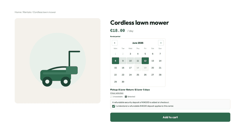 Product page with rental date picker and deposit notice