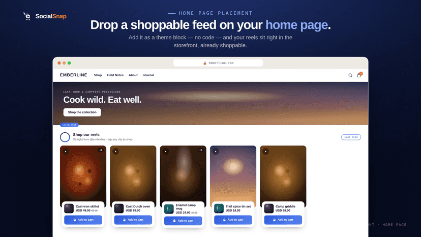 Drop shoppable reels into any page with a simple theme embed