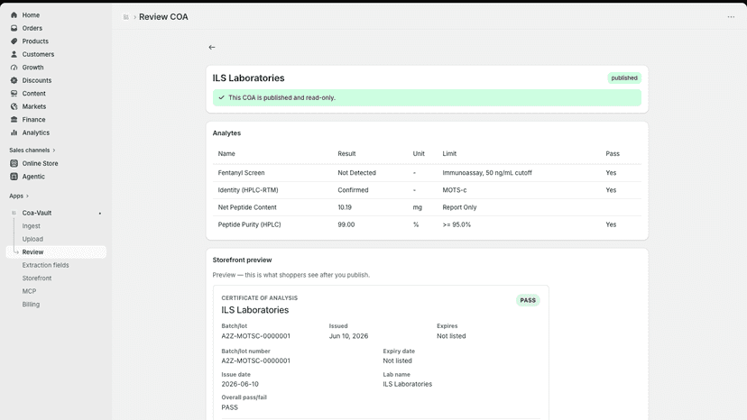 AI-parsed lab COA: fields, confidence scores, and analytes