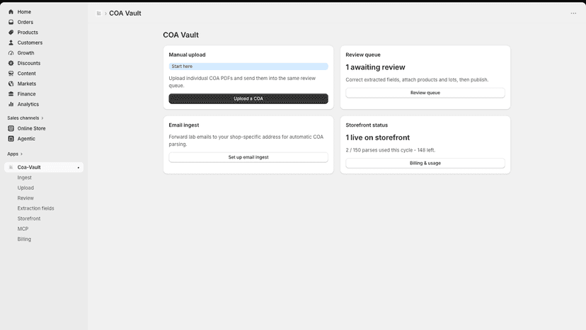 COA Vault home dashboard with counts and quick actions