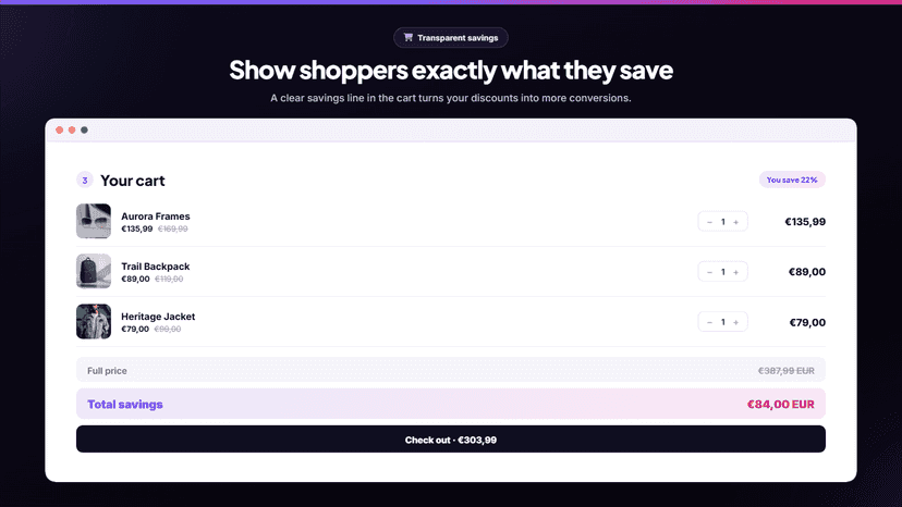 Countdown timer and cart total savings widget