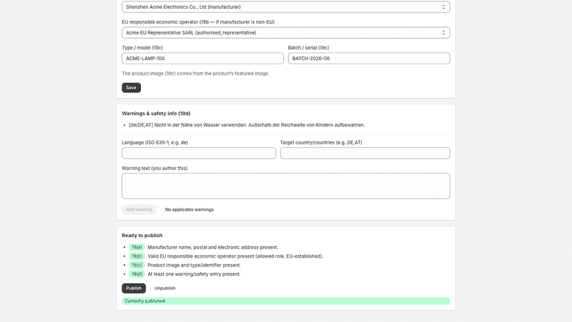 Product publish checklist with Article 19 data