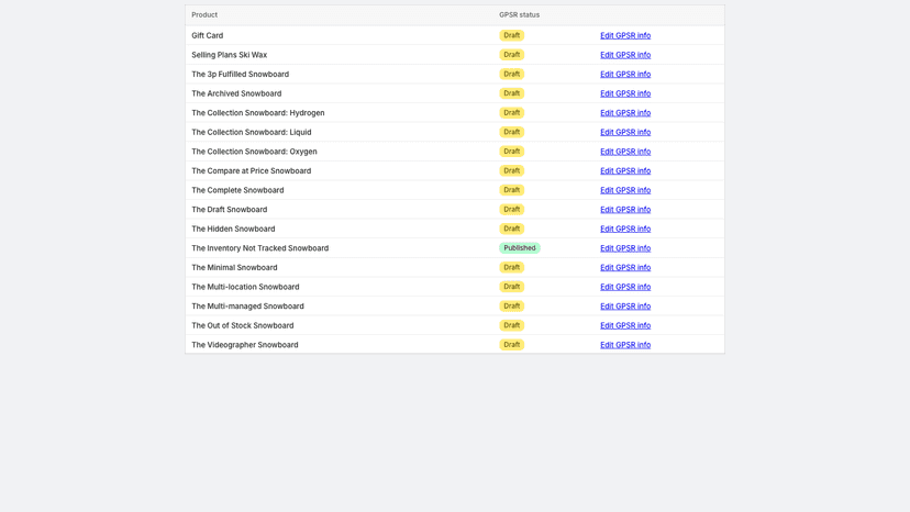 Product list showing GPSR status by product