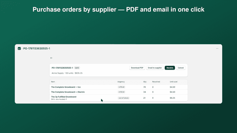 Purchase order by supplier with PDF and email sending