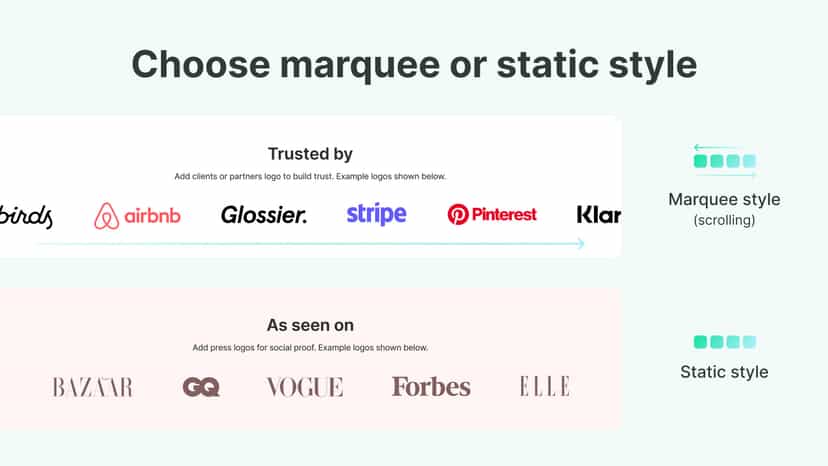 Choose marquee or static style for your logo banner